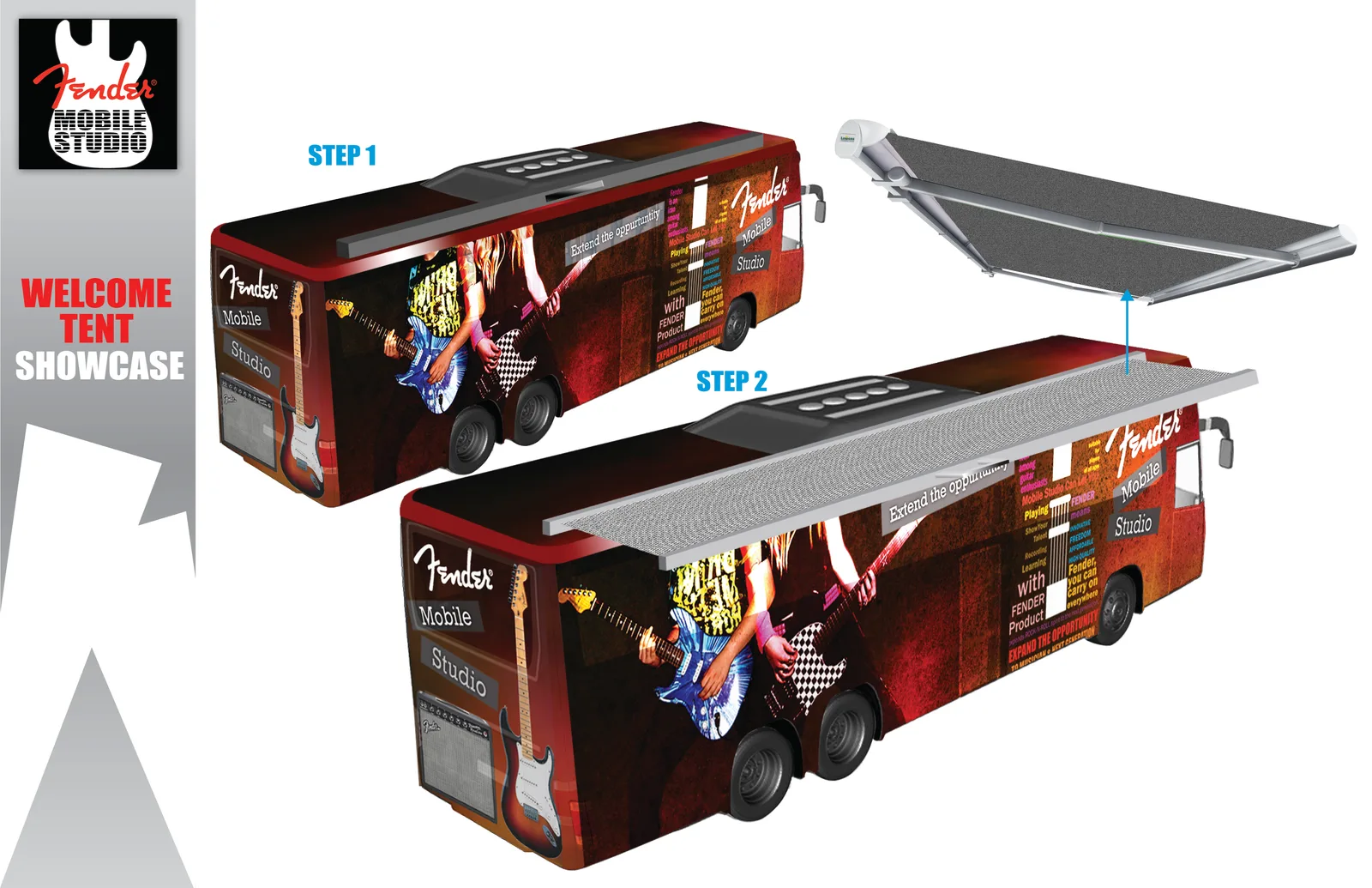 Fender Mobile studio proposal: Welcome tent- for Fender customers have place to relax and play the guitar
