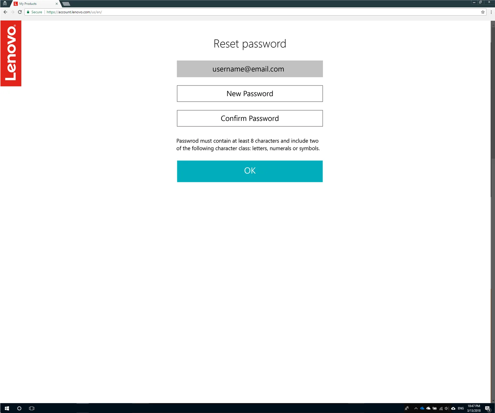 Lenovo ID single sign on: Reset password page