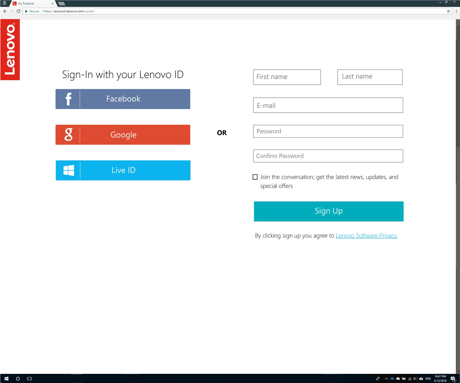 Lenovo ID single sign on: If the user doesn’t want use social media to log in, they can sign up Lenovo ID directly.
