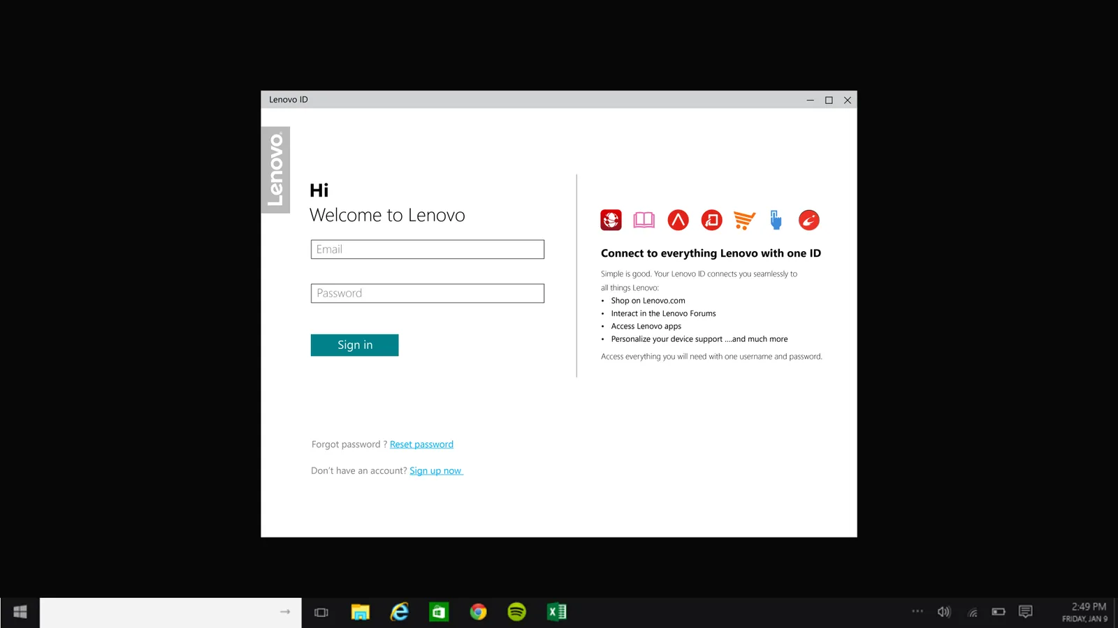 Lenovo ID universal app: Login screen