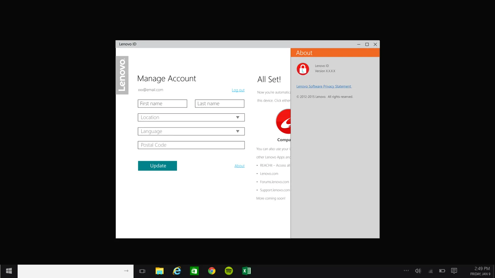 Lenovo ID universal app: About screen